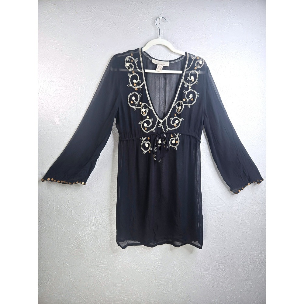 Embroidered Sequin Sheer V Neck Tunic Top Small Black Boho Peasant Artsy Blouse